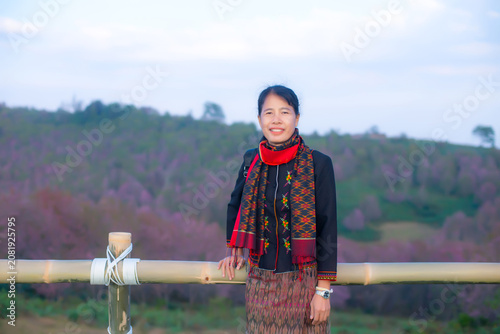 Portrait Photo of Northeastern Thai women with traditional costumes.Thai silk dress concept