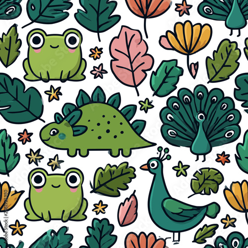 Cute cartoon animals and plants seamless pattern