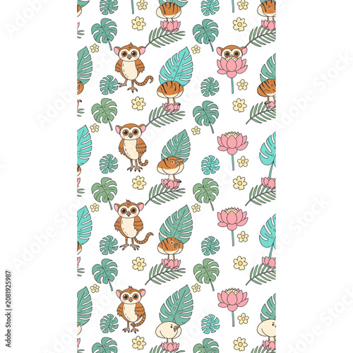Cute cartoon monkeys and tropical leaves pattern