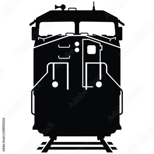 Black silhouette of a train locomotive on railroad tracks  front view