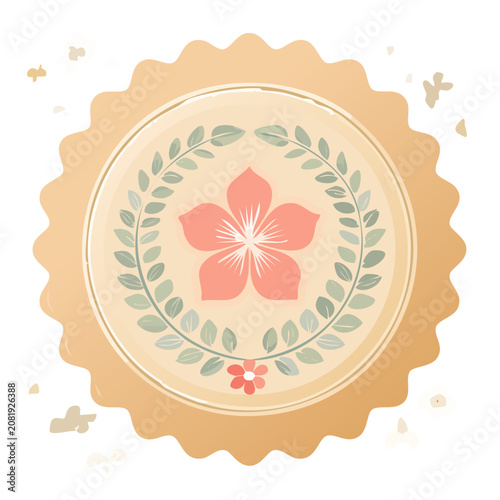 Flat illustration of a flower badge with laurel wreath