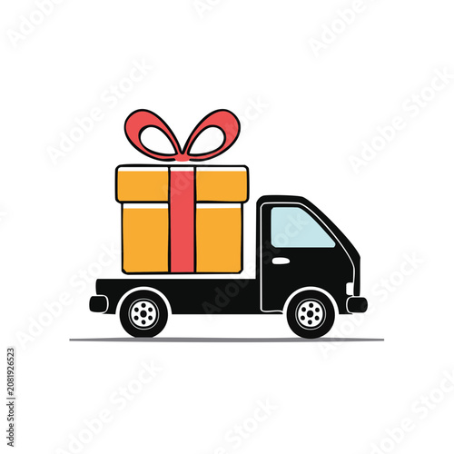 Flat illustration of delivery truck with gift box