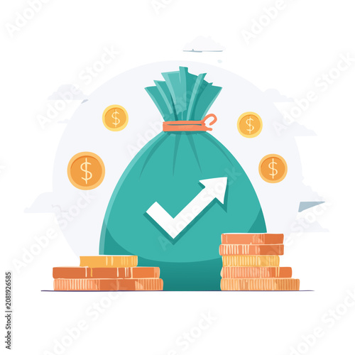 Flat illustration of money bag with arrow and coins