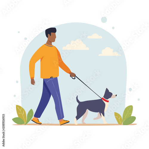 Man walking a dog on a leash, flat vector illustration