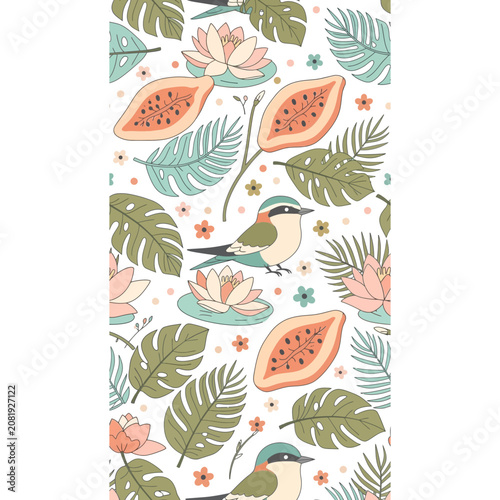 Tropical Birds, Papayas, and Water Lilies Pattern