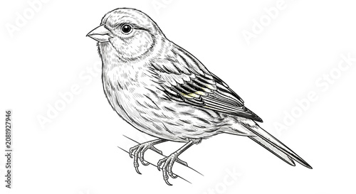 Detailed black and white sketch of a small songbird standing on a branch, hand-drawn bird illustration for nature lovers