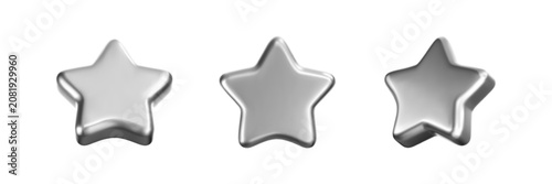 3D silver stars icon set with chrome effect isolated on dark background. Glossy platinum star for Christmas and New Year decoration. Badge for rating, award trophy and winner reward. 3D vector figure