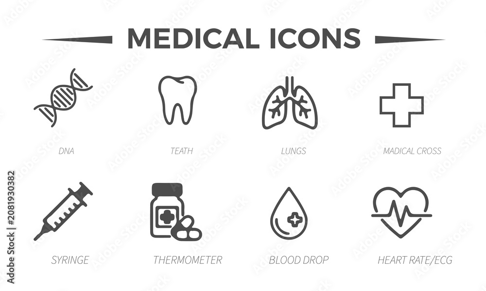 Fototapeta premium Medical icons set with 8 black line vector elements, healthcare symbols for hospital apps, dna tooth lungs cross syringe medicine blood heart rate