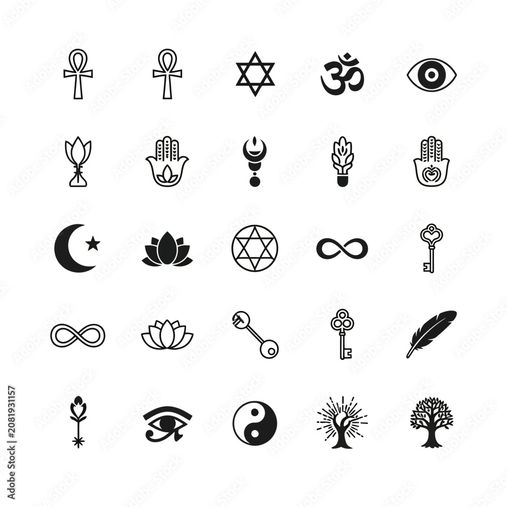 Fototapeta premium Spiritual Symbols Icon Set: Ankh, Hamsa, Om, Star of David, Lotus, Infinity