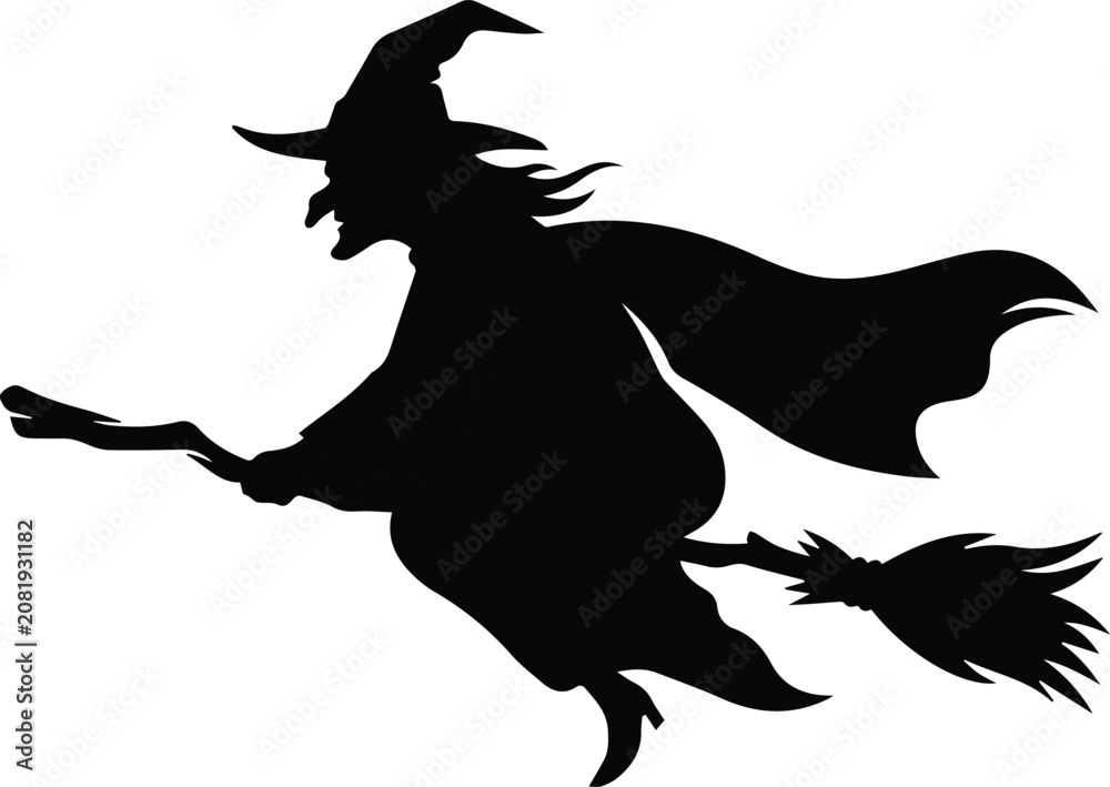 Fototapeta premium Black silhouette of a flying witch on a broomstick for Halloween and fantasy design projects