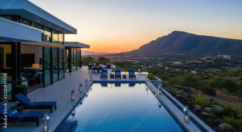 Fototapeta premium Modern Luxury Villa With Infinity Pool Overlooking Mountain Sunset