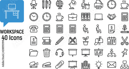 Tableau sur toile Office workspace icon set including corporate business desk equipment stationery