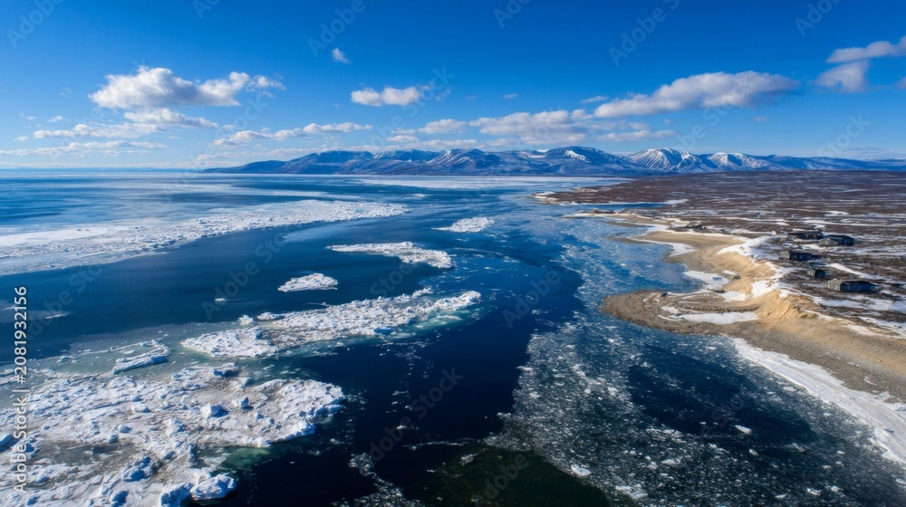 Fototapeta premium Vast Aerial View of Frozen Landscape with Ice Floes and Snow-Capped Mountains Under Clear Blue Sky in Winter Wonderland Scene
