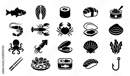 Foto Seafood icons set fish shellfish sushi and marine life illustrations
