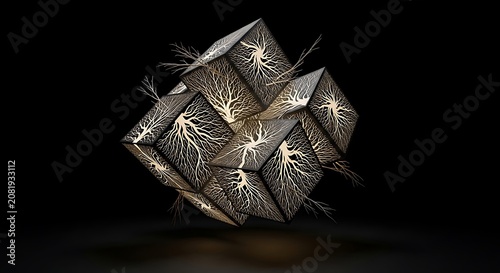 Abstract 3D composition of intersecting geometric cubes featuring glowing white neural networks and organic branching patterns on a black background
