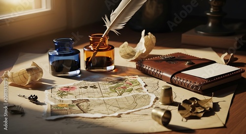 Vintage Writer Desk with Quill Pen Ink Wells and Leather Bound Journal for Historical Manuscript Creation and Creative Writing Inspiration