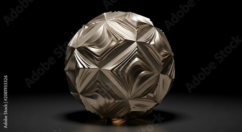 Intricate Silver Metallic Sphere with Complex Geometric Patterns and Fluid Curves on Black Background