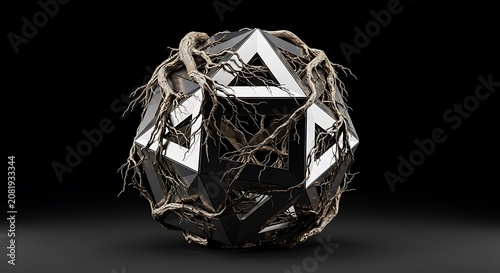 Abstract geometric polyhedron entwined with withered organic roots on black background
