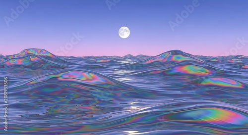 Surreal Holographic Ocean Waves Reflecting a Full Moon in a Gradient Sunset Sky