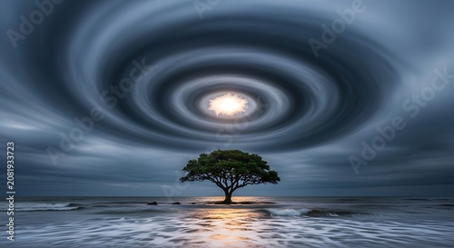Surreal Landscape Featuring a Solitary Tree Under a Swirling Storm Cloud Vortex with Luminous Celestial Light