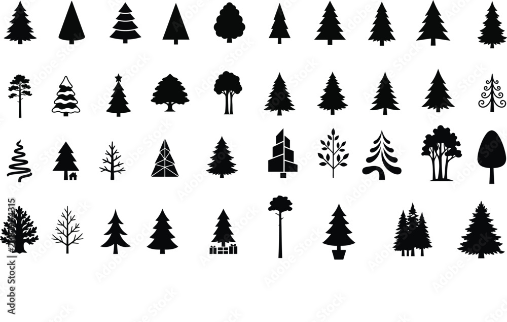 Obraz premium Set of various black silhouette tree icons including pine, fir, and forest trees