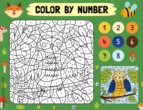 Color by number activity page with cute owl sitting on branch. Hand drawn woodland bird game worksheet for kids. Vector illustration