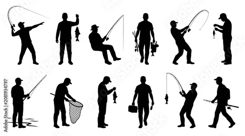 Photos Collection of anglers and fishermen catching fish with rods, reels, and nets in various outdoor activities, black silhouette vector illustrations isolated on a clean white background for sport design