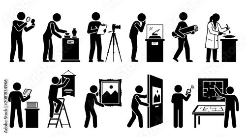 фотографія Museum and gallery curation icons showing art handling, exhibition setup, restoration, research, visitor management, and professional conservation tasks in a detailed black silhouette vector set