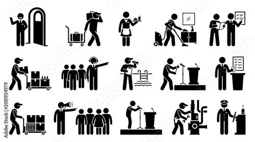 Obraz na płótnie Hotel and hospitality service staff icon set showing housekeeping, reception, luggage handling, room service, and maintenance tasks in a simple, modern black and white flat vector graphic design