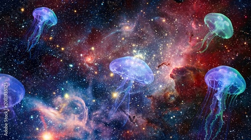 Bioluminescent Jellyfish Drifting Through a Cosmic Nebula