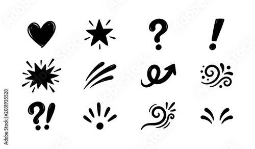 Photos Black hand drawn graphic elements set containing cute handdrawn star heart excla