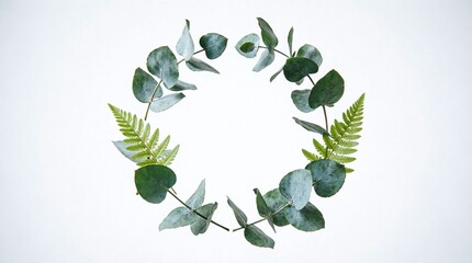Minimalist Botanical Wreath Made of Eucalyptus Leaves and Ferns on White Background