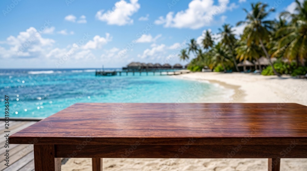 Fototapeta premium Empty polished mahogany table in sharp foreground focus against a blurred backdrop of a breathtaking tropical beach with sapphire waters.