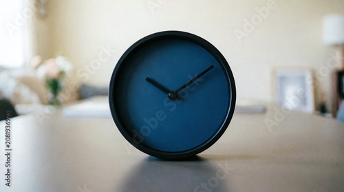 Minimalist Modern Desk Clock with Dark Blue Face and Black Hands in Home Interior