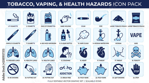Photos Tobacco, Vaping, and Health Hazards Icon Pack, 32 Smoking Cessation Vector Eleme
