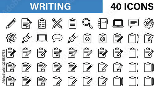 Tableau sur toile Set of forty linear writing icons including clipboards laptops fountain pens pen