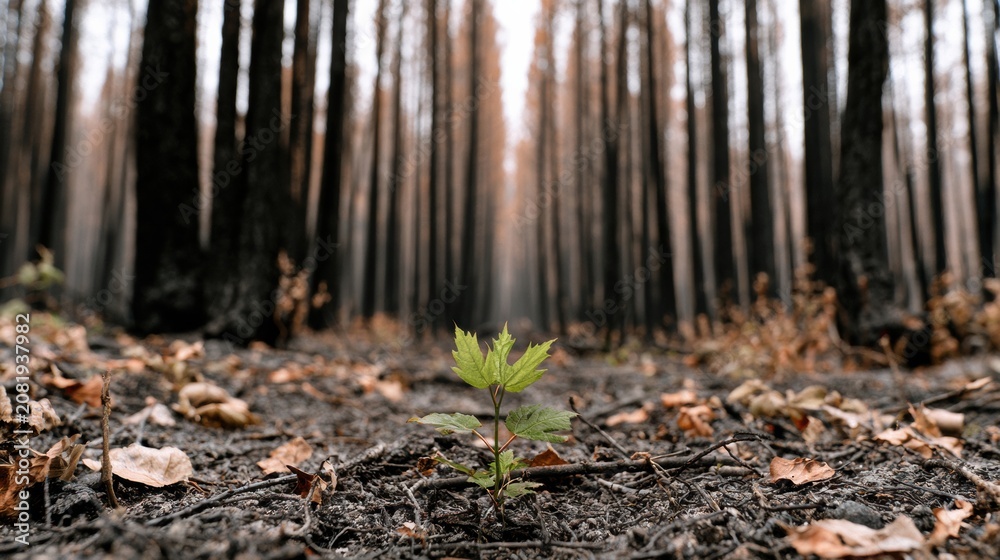 Fototapeta premium Single Green Seedling Sprouting from Ash on Burned Forest Floor After Wildfire