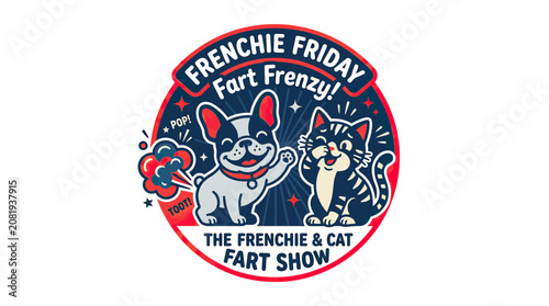 Vászonkép Funny French Bulldog and Cat Illustration - Frenchie Friday Fart Frenzy