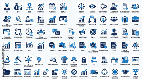 Corporate business icons set, professional management and finance vector symbols, blue and black office strategy and leadership icon collection