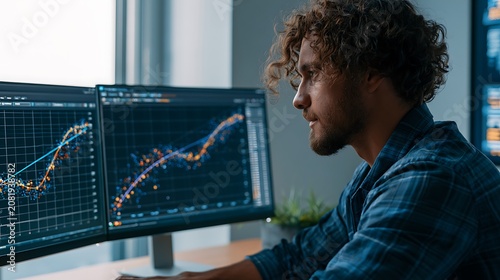 Obraz na płótnie Man analyzing financial data on two computer screens with graphs