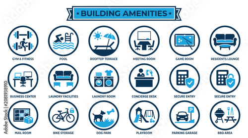 Building amenities icon set, 18 real estate facility symbols for apartment complexes, residential property features and hotel services vector