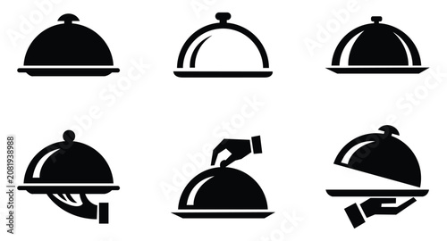 Set of black food serving cloche icons featuring hands holding restaurant catering tray covers
