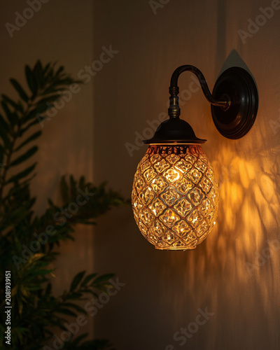brass wall light, brass wall sconce, patterned glass shade, intricate glass design, decorative wall lamp, vintage lighting, elegant wall light, brass fixture, glass shade lamp, interior lighting, 
