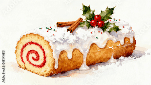 Fényképezés Special occasion sweets Christmas Roll Cake isolated watercolor vector illustrat