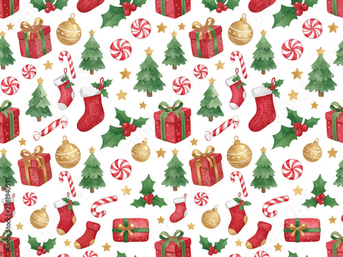 Christmas Seamless Pattern with Watercolor Gift Boxes and Holiday Decorations