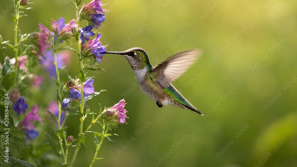 Fototapeta premium Close up photo of a hummingbird hovering near purple flowers in a garden. Vibrant colors and sharp detail ideal for botanical guides and spring season promotional designs.