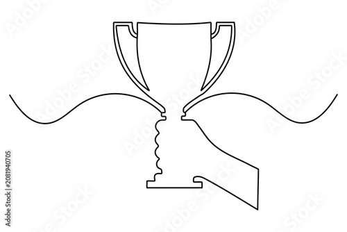 Hand holding trophy cup continuous one line art drawing for championship celebration
