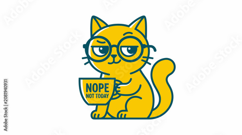 Quadro su tela Funny Cat with Glasses Holding Coffee Cup Saying Nope Not Today