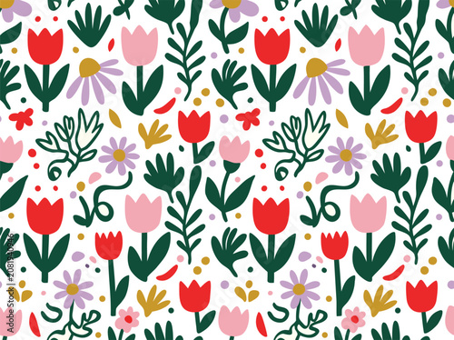 Floral seamless pattern with hand drawn tulips and wildflowers flat vector