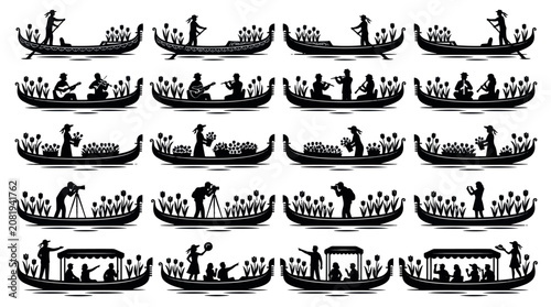 Fotografie Tulip Canal Boat Celebration Silhouettes Sets Packs, Editable Vectors Strokes Illustrations